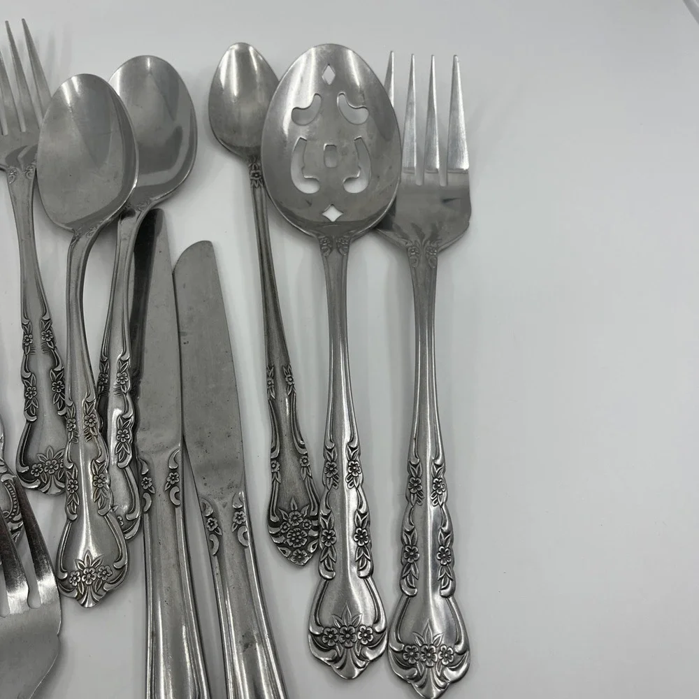 24 Rogers Rose Floral Glossy Stainless Flatware And Serving Spoon Fork Korea Vtg